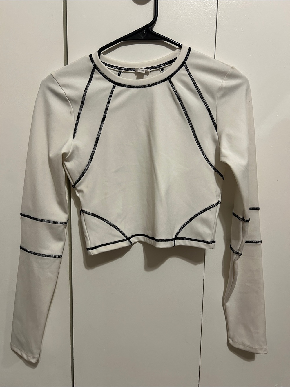 Garage White Cropped Long-Sleeve Top with Black Contrast Stitching
